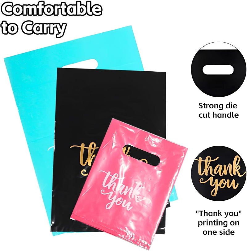 Heran 200PCS Thank You Bags for Small Business, 3 Sizes Plastic Retail Grocery Shopping Bags, Black Pink Turquoise Sale Boutique Gift Bag, Reusable Goodie Bag Bulk for Store Party Favor Purchase - Image 2